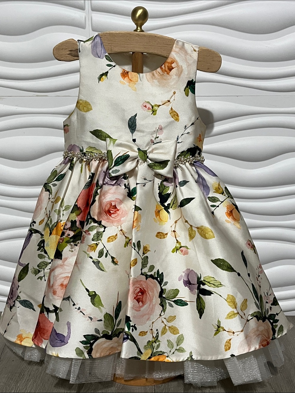 Ivory Floral Bow Tulle Hem Girls Formal Dress